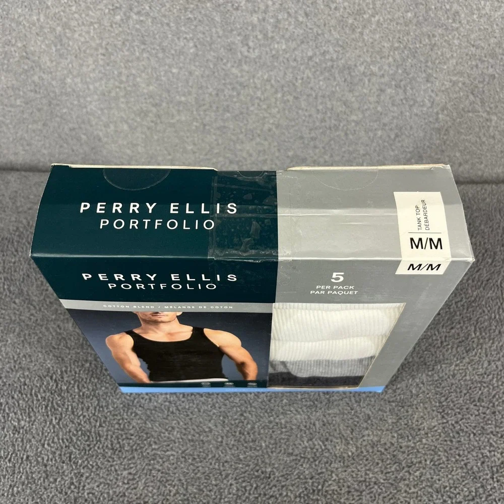 Perry Ellis Portfolio Tank Top Mens Medium 5 Pack White Grey Black Ribbed Cotton